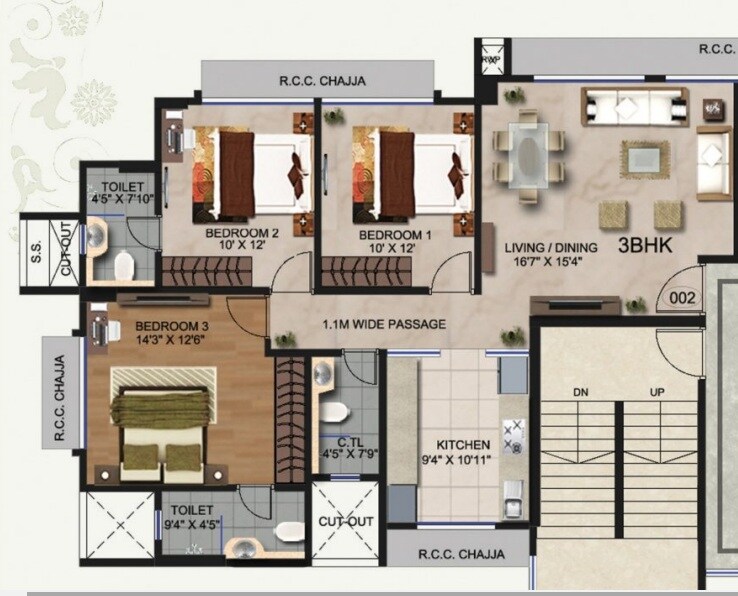 Floor plan of 3 BHK 890 Sq. Ft. Apartment in Rajhans Otium, Mumbai