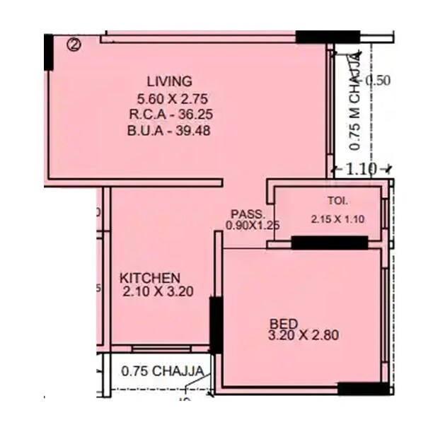 Floor plan of 1 BHK 390 Sq. Ft. Apartment in Rajhans Solitaire, Mumbai