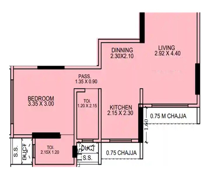 Floor plan of 1 BHK 422 Sq. Ft. Apartment in Rajhans Solitaire, Mumbai
