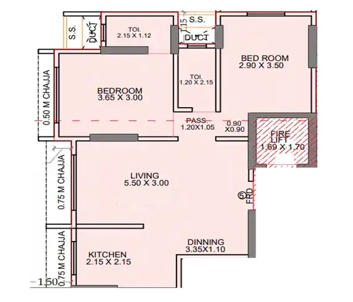 Floor plan of 2 BHK 597 Sq. Ft. Apartment in Rajhans Solitaire, Mumbai
