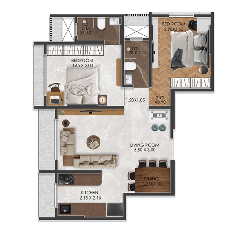 Floor plan of 2 BHK 609 Sq. Ft. Apartment in Rajhans Solitaire, Mumbai