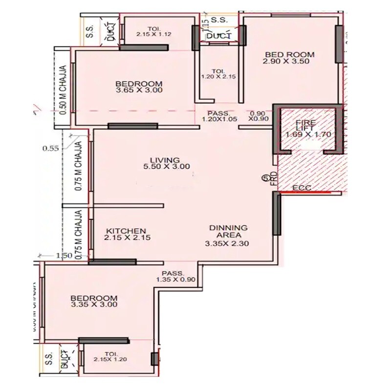Floor plan of 3 BHK 773 Sq. Ft. Apartment in Rajhans Solitaire, Mumbai