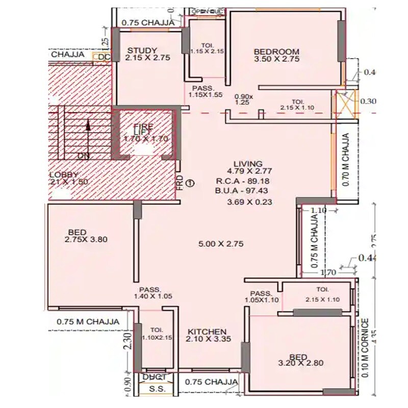 Floor plan of 3 BHK 960 Sq. Ft. Apartment in Rajhans Solitaire, Mumbai