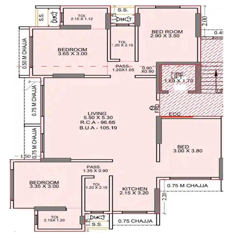 Floor plan of 4 BHK 1040 Sq. Ft. Apartment in Rajhans Solitaire, Mumbai