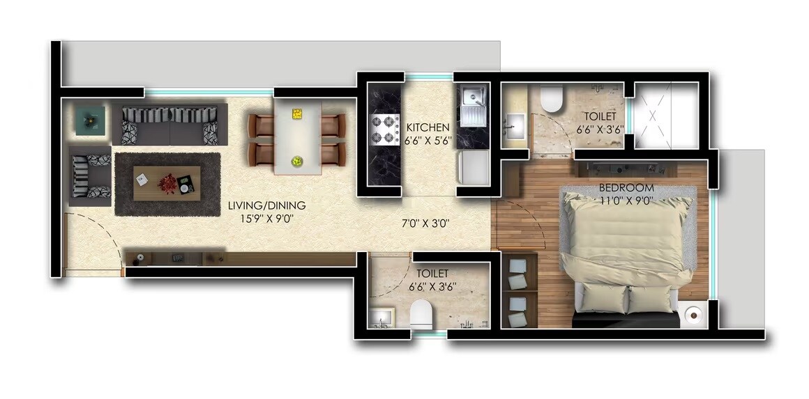 Floor plan of 1 BHK 366 Sq. Ft. Apartment in Rajhans Vaibhav, Mumbai