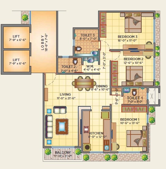 Floor plan of 3 BHK 1106 Sq. Ft. Apartment in Rajkamal Apartments, Mumbai