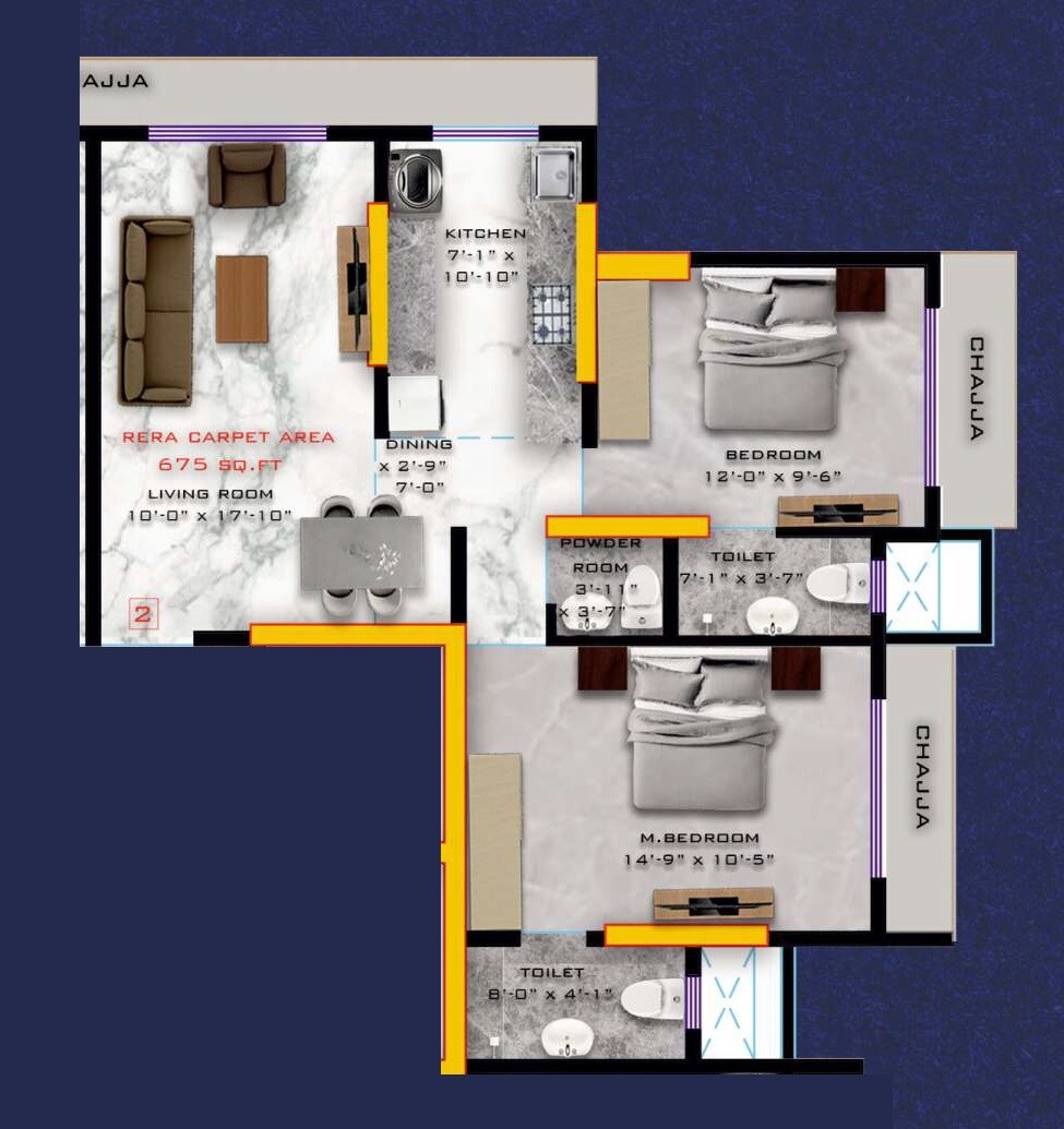 Floor plan of 2 BHK 665 Sq. Ft. Apartment in Rajmani Apartment, Mumbai