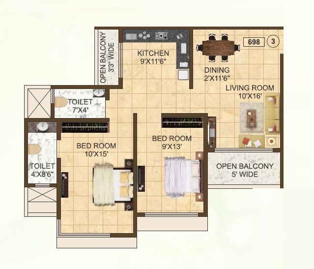2 BHK 698 Sq. Ft. Apartment