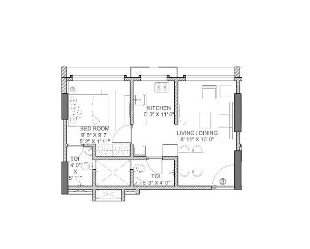 Floor plan of 1 BHK 394 Sq. Ft. Apartment in Rajshree Fifty Five East, Mumbai