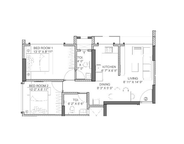 Floor plan of 2 BHK 488 Sq. Ft. Apartment in Rajshree Fifty Five East, Mumbai