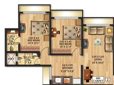 Floor plan of 2 BHK Apartment - 600 sq. ft. in Rajshree Orchid, Mumbai