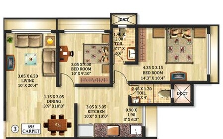 Floor plan of 2 BHK Apartment - 695 sq. ft. in Rajshree Orchid, Mumbai