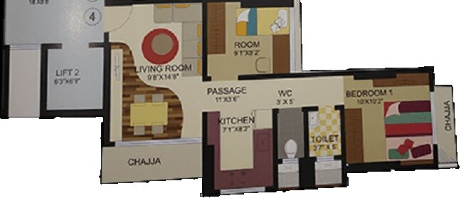 Floor plan of 1 BHK 485 Sq. Ft. Apartment in Rajvi Kshitij Heights, Mumbai