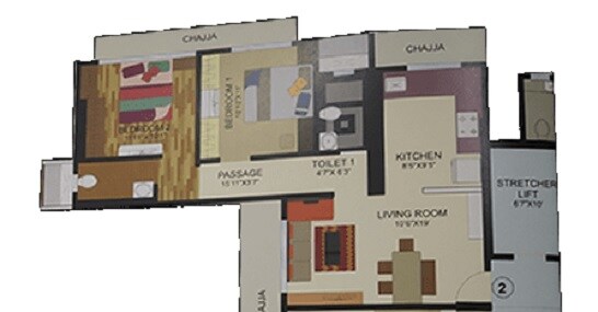 Floor plan of 2 BHK 664 Sq. Ft. Apartment in Rajvi Kshitij Heights, Mumbai