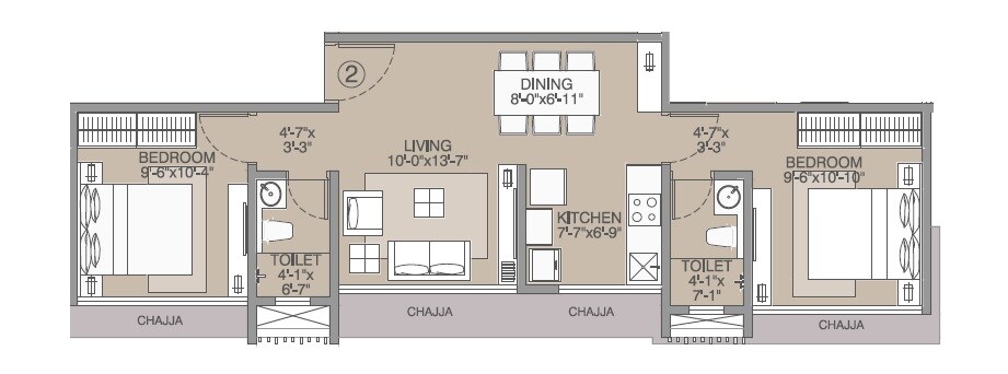 Floor plan of 2 BHK 586 Sq. Ft. Apartment in Rakyan Audumbar, Mumbai