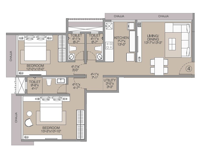 Floor plan of 2 BHK 700 Sq. Ft. Apartment in Rakyan Audumbar, Mumbai