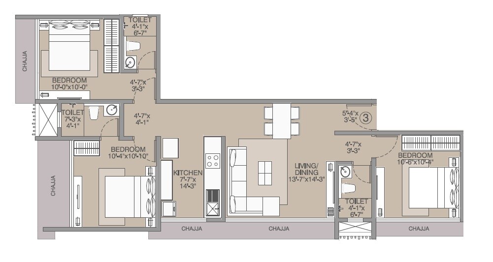 Floor plan of 3 BHK 990 Sq. Ft. Apartment in Rakyan Audumbar, Mumbai