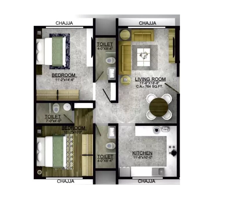 Floor plan of 2 BHK 558 Sq. Ft. Apartment in Ramdev Hari Tara Heights, Mumbai