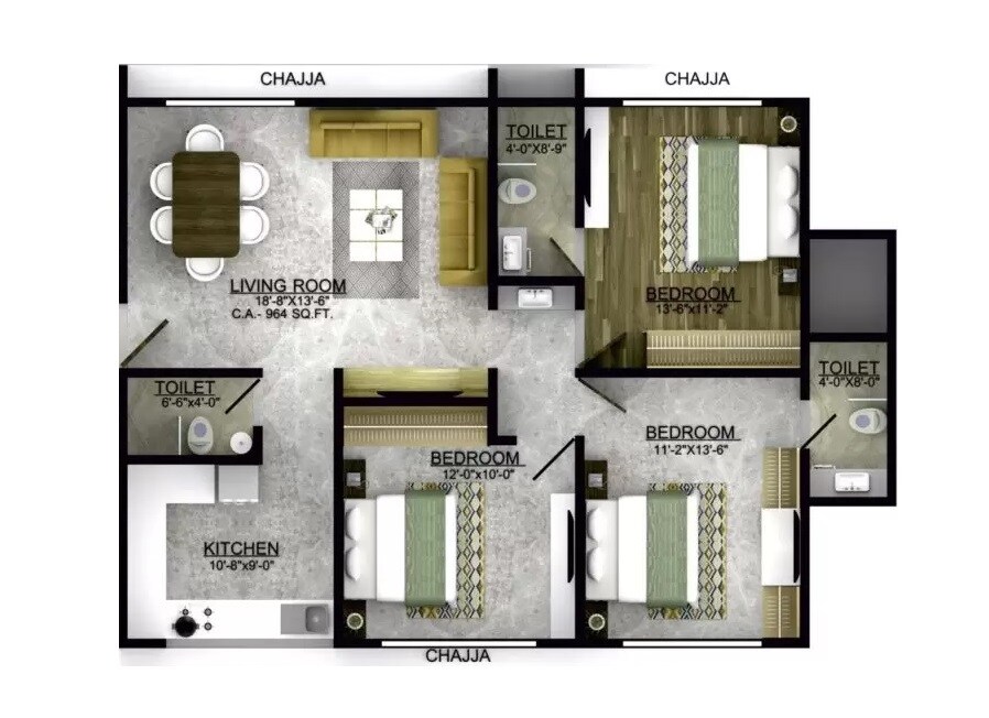 Floor plan of 3 BHK 966 Sq. Ft. Apartment in Ramdev Hari Tara Heights, Mumbai