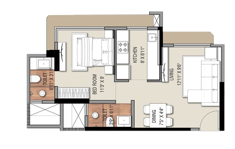 Floor plan of 1 BHK 392 Sq. Ft. Apartment in Ramdev Veeral Heights, Mumbai