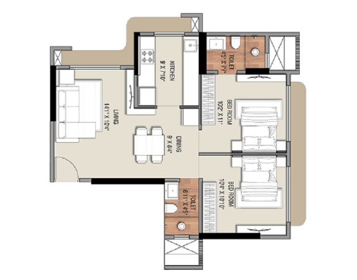 Floor plan of 2 BHK 609 Sq. Ft. Apartment in Ramdev Veeral Heights, Mumbai