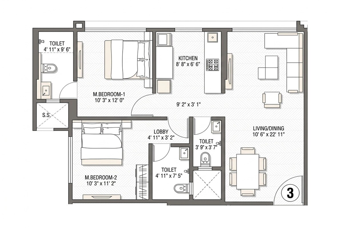 2 BHK 651 Sq. Ft. Apartment