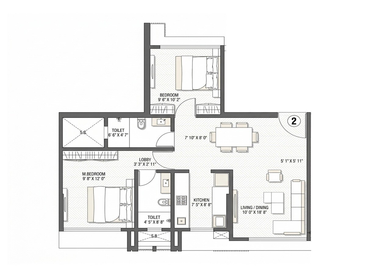 2 BHK 755 Sq. Ft. Apartment
