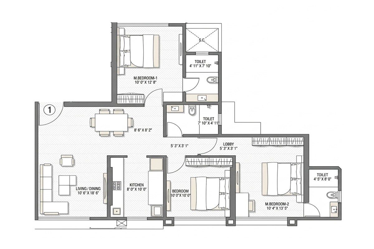 3 BHK 973 Sq. Ft. Apartment