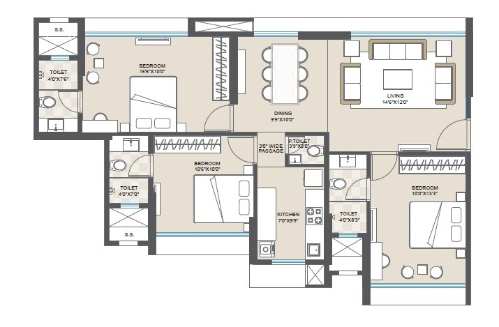 Floor plan of 3 BHK 885 Sq. Ft. Apartment in Ramesh Avenue 15, Mumbai