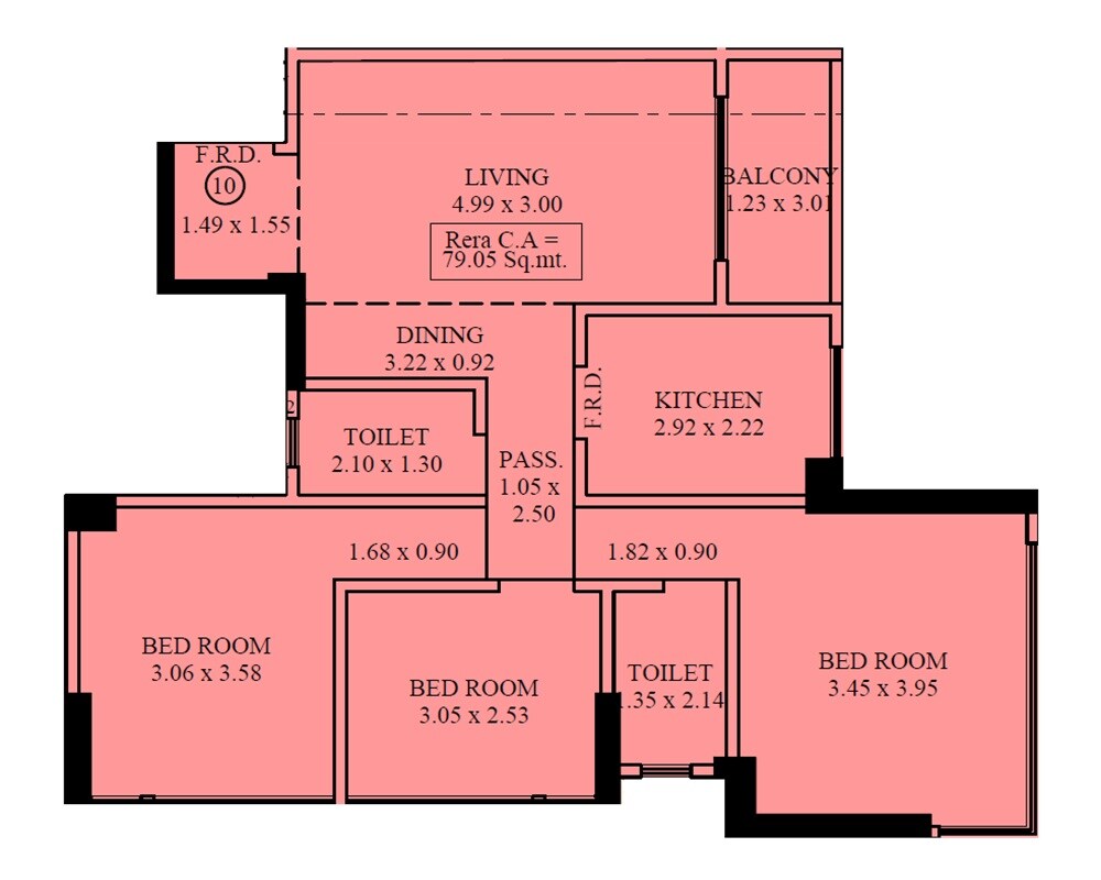 Floor plan of 3 BHK 851 Sq. Ft. Apartment in Rassaz Infinity Tower, Mumbai