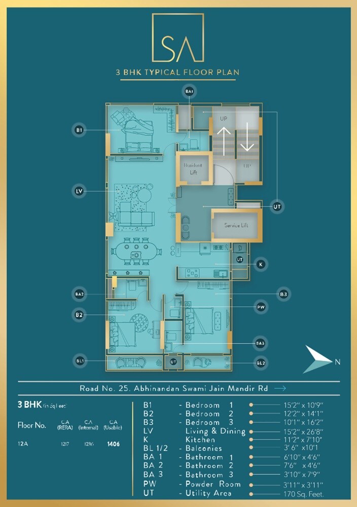 Floor plan of 3 BHK 1200 Sq. Ft. Apartment in Ratnaraj Shree Abhinandan CHS, Mumbai