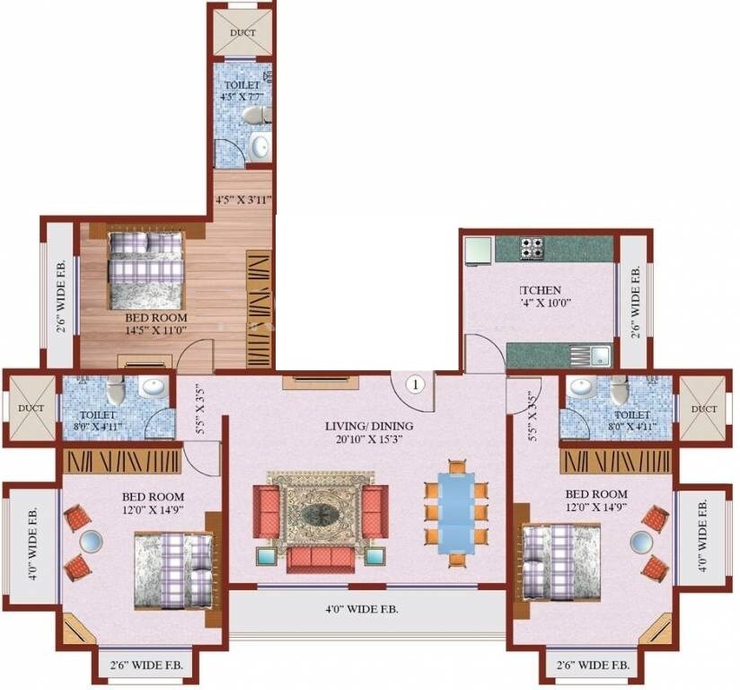 Floor plan of 3 BHK 1400 Sq. Ft. Apartment in Raunak Ashirwad, Mumbai