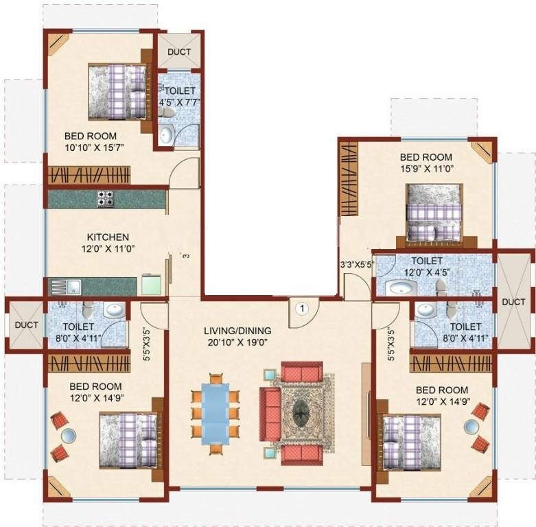 Floor plan of 4 BHK 1800 Sq. Ft. Apartment in Raunak Ashirwad, Mumbai