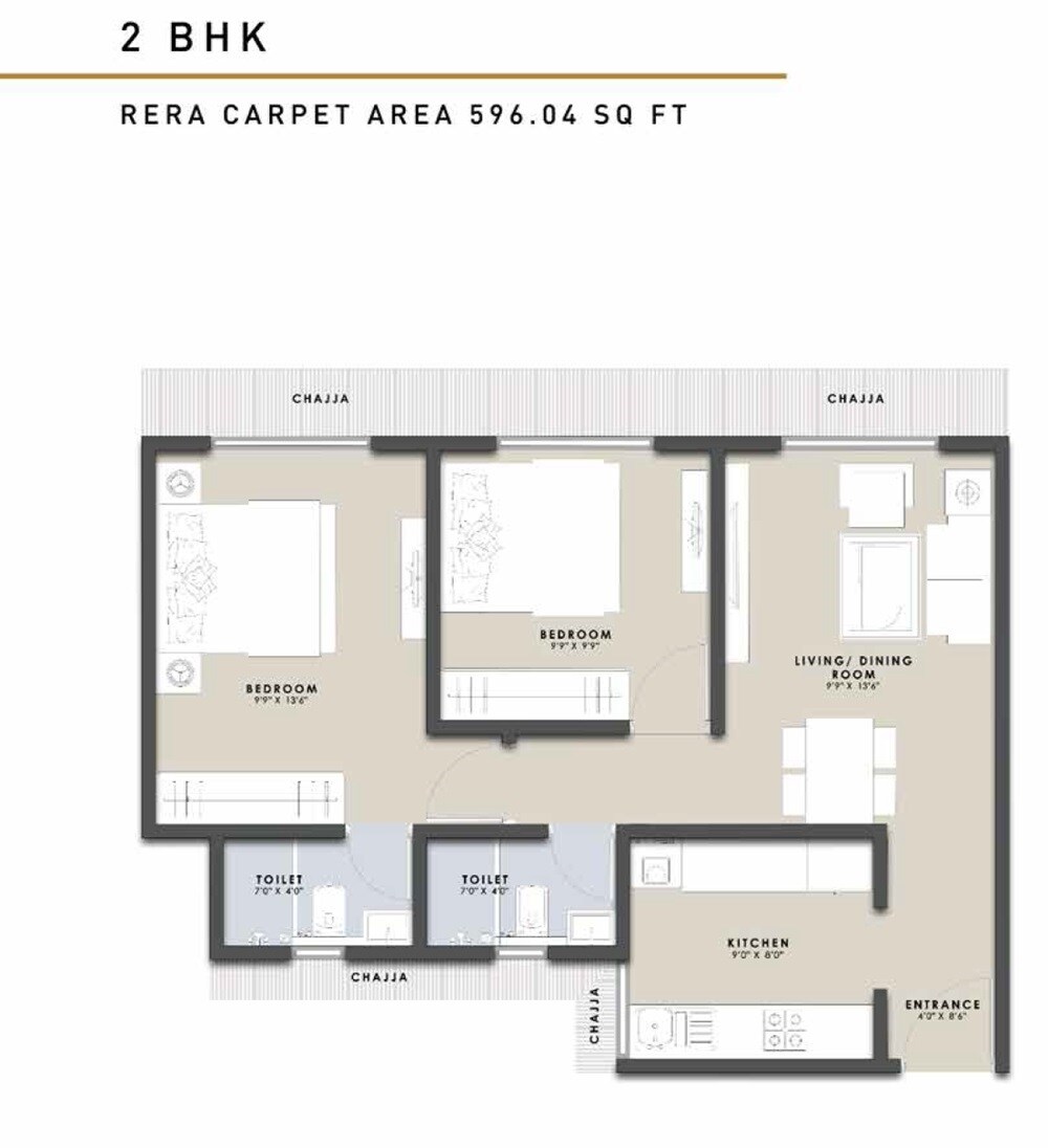 Floor plan of 2 BHK 596 Sq. Ft. Apartment in Raunak Centrum, Mumbai