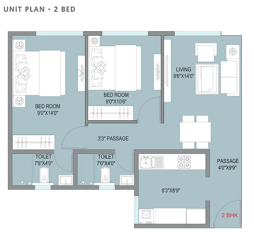 Floor plan of 2 BHK 660 Sq. Ft. Apartment in Raunak Centrum, Mumbai