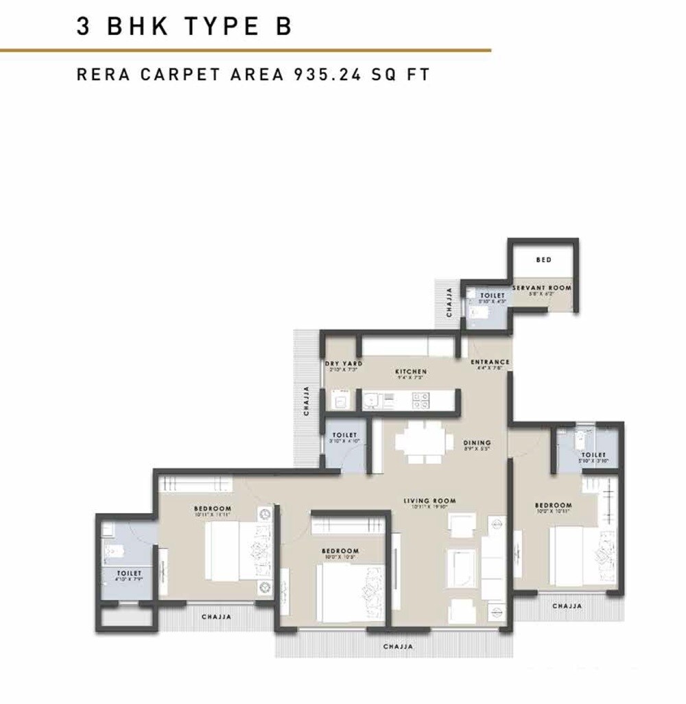 Floor plan of 3 BHK 935 Sq. Ft. Apartment in Raunak Centrum, Mumbai