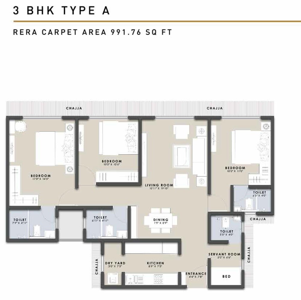 Floor plan of 3 BHK 992 Sq. Ft. Apartment in Raunak Centrum, Mumbai