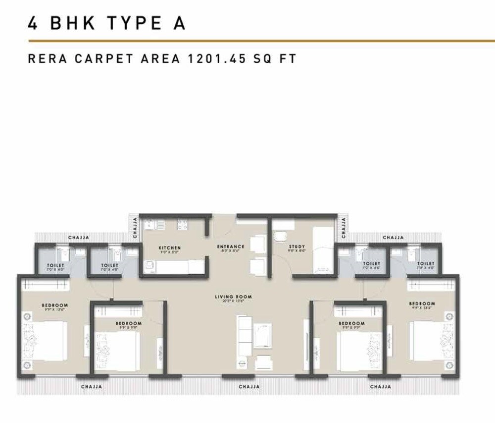 Floor plan of 4 BHK 1201 Sq. Ft. Apartment in Raunak Centrum, Mumbai