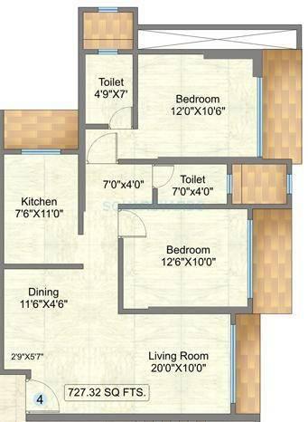 Floor plan of 2 BHK 727 Sq. Ft. Apartment in Raunak Sai Dham Towers, Mumbai