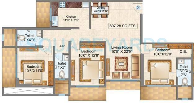 Floor plan of 2 BHK 718 Sq. Ft. Apartment in Raunak Sai Dham Towers, Mumbai
