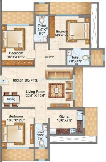Floor plan of 3 BHK 903 Sq. Ft. Apartment in Raunak Sai Dham Towers, Mumbai