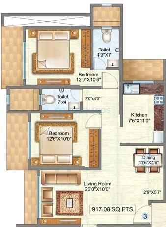 Floor plan of 2 BHK 917 Sq. Ft. Apartment in Raunak Sai Dham Towers, Mumbai
