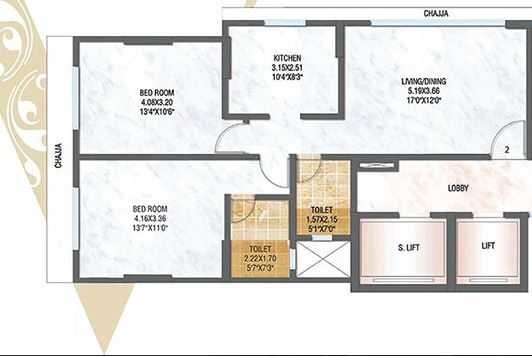 Floor plan of 2 BHK 753 Sq. Ft. Apartment in Raunak Viraj Bliss, Mumbai