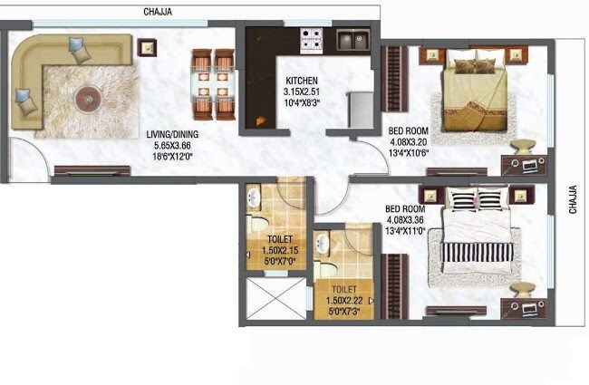 Floor plan of 2 BHK 757 Sq. Ft. Apartment in Raunak Viraj Bliss, Mumbai