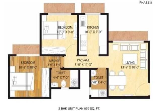 Floor plan of 2 BHK 870 Sq. Ft. Apartment in Ravi Gaurav Discovery Phase II, Mumbai