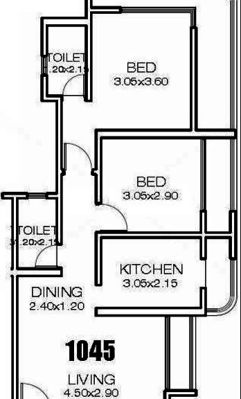 Floor plan of 2 BHK 1045 Sq. Ft. Apartment in Ravi Gaurav Imperial, Mumbai