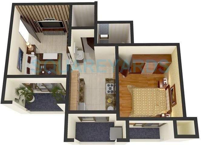 Floor plan of 1 BHK 615 Sq. Ft. Apartment in Ravi Group Gaurav Discovery, Mumbai