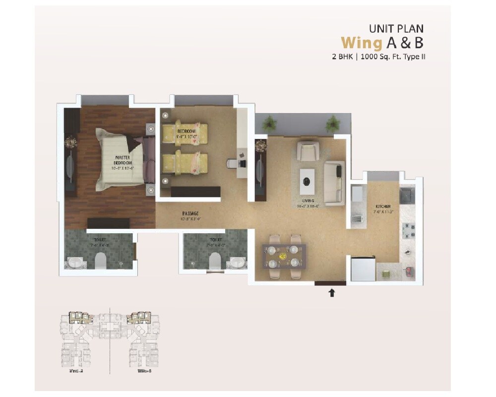 Floor plan of 2 BHK 1000 Sq. Ft. Apartment in Ravi Group The Era, Mumbai