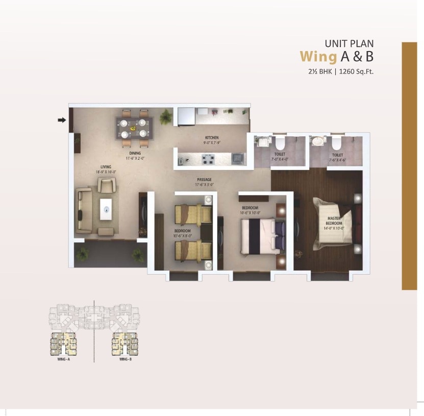 Floor plan of 3 BHK 1260 Sq. Ft. Apartment in Ravi The Era, Mumbai