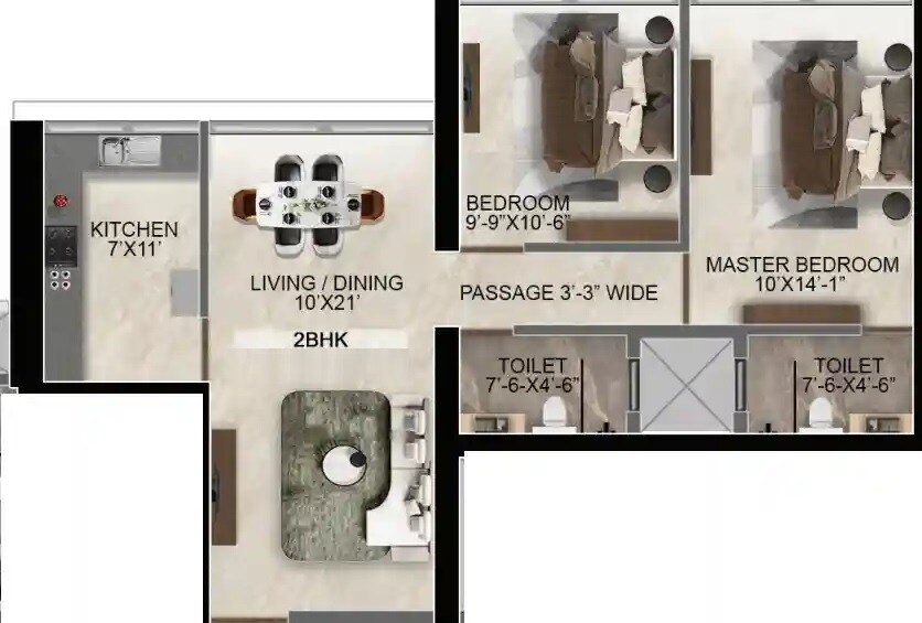 Floor plan of 2 BHK 698 Sq. Ft. Apartment in Ravi The Gateway, Mumbai